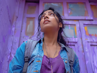 Obraz premium Vibrant Street Art and Fashion Woman Gazing Upward Against a Royal Purple Artistic Background