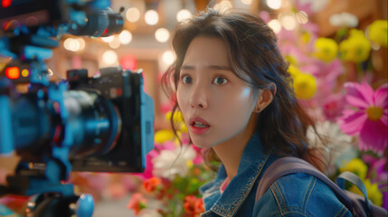 Behind the Scenes Capturing Emotions of a Young Woman in a Flower filled Set The Art of Film Production and the Magic of Cinematography in a Vibrant Studio Setting