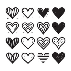 Hand-Drawn Hearts on Clean White Background, Variety of Shapes and Sizes
