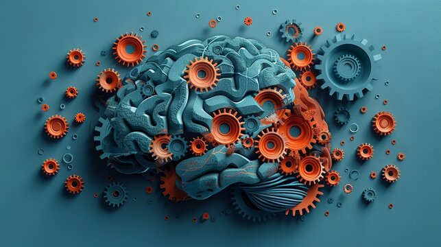 An illustration of a brain with gears and cogs, some broken or missing, symbolizing the impact of mental health conditions on cognitive functions and thought processes. Illustration, Minimalism,