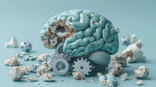 An illustration of a brain with gears and cogs, some broken or missing, symbolizing the impact of mental health conditions on cognitive functions and thought processes. Illustration, Minimalism,