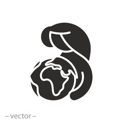 world woman day concept icon, mother with care earth, globe and woman, flat symbol on white background - vector illustration