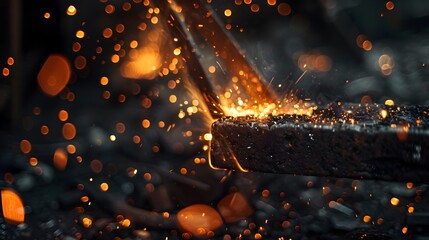 A close-up view of a glowing, heated metal rod bent at the anvil with sparks in a dimly lit blacksmith's workshop. - Powered by Adobe