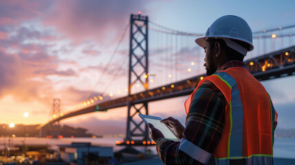 Civil Engineer Using A Tablet During Sunset With A Giant Bridge In Front Of Him