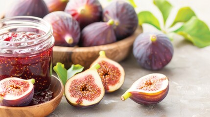 Jars of fig jam, accompanied by fresh figs and green leaves, are placed on a light wooden surface with a dreamy, bokeh background.