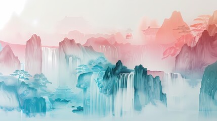 Pink and green traditional building waterfall poster background