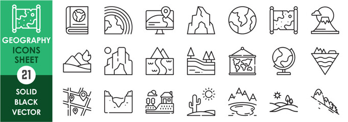 A set of line icons related to geography. Geology, geography, hills, mountain, valley, map, river, slope, lakes and so on. Vector outline icons set.