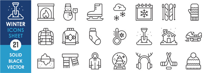 A set of line icons related to winter. Winter, snow, cold, ice, skiing, ice hockey, clothes, warm, fire, and so on. Vector outline icons set.