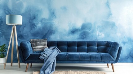 Living room interior with navy blue sofa blanket pillow lamp on ombre wall