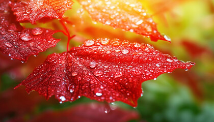 Wet leaves. Red-green leaves with glowing raindrops