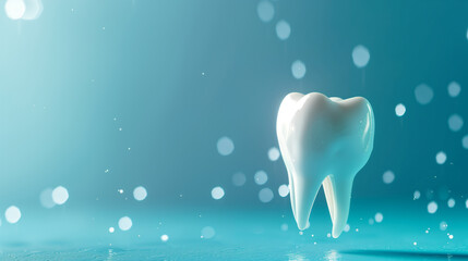 White shining sparkling and healthy tooth floating in the air over solid blue background, Teeth protection, tooth care dental medical concept empty copy space