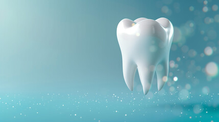 White shining sparkling and healthy tooth floating in the air over solid blue background, Teeth protection, tooth care dental medical concept empty copy space