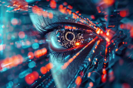 A Human Eye With Circuitry Pattern Focused in the Center, Representing Cybersecurity and Identity Theft
