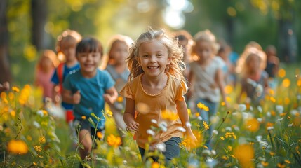 A group of diverse children engaged in an outdoor activity, promoting the benefits of physical exercise in managing stress. Illustration, Minimalism,
