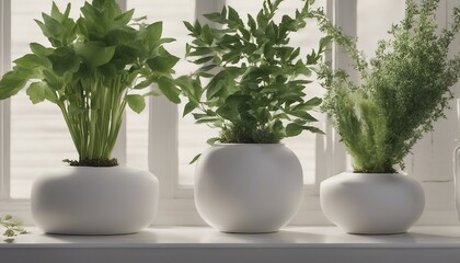 A variety of plants in white vases, each with unique foliage, enhancing aesthetics and indoor air quality by introducing oxygen and purifying the environment.