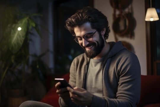 A man smiles while using his smartphone in the evening