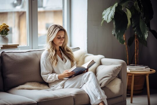 Young woman reading a book on a couch near a window
