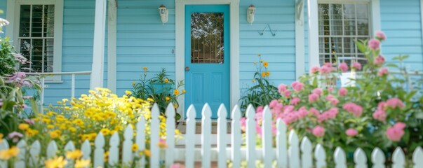 Fototapeta premium Coastal cottage with pastel colors and a picket fence.