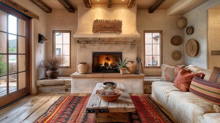 southwestern home decor, a typical fireplace is the centerpiece of the southwestern-themed living room, decorated with rustic pottery and handmade baskets