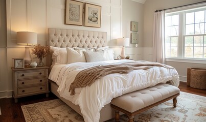 Cozy bedroom with a blank vanity mirror