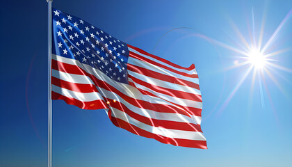 Obraz premium AMERICAN FLAG - United States of America flag blowing in the wind with blue sky sun shine background