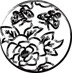 筆書き円形シンプル花札　水無月　牡丹　蝶　6月　牡丹に蝶