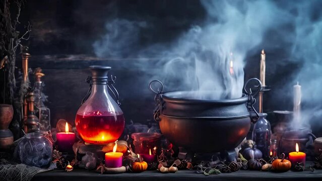 Magical Witch's cauldron with lit candles and dried herbs, emitting steam in a dark, mystical setting. Concept of witchcraft, Halloween, potion making, mystical ritual.
