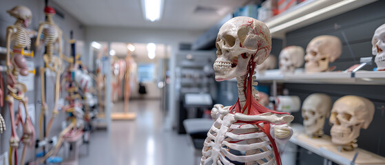 A skull and shoulder bones on display with a shallow depth of field in an anatomy lab at a medical school.