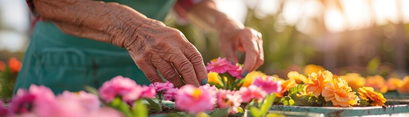 Fototapeta premium Senior woman planting colorful flowers in a community garden, elderly activity, social gardening