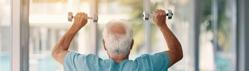 Obraz premium Senior man lifting light weights with therapist supervision, strength training, elderly physical therapy