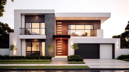 a modern style house with two storeys, in the style of light white and dark bronze, pakistan context with front gate and modern facade