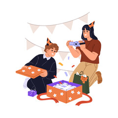 Happy kid opens birthday gift. Mother filming video how child rejoices at Bday present. Son in party cap with surprise giftbox from parent. Flat isolated vector illustration on white background