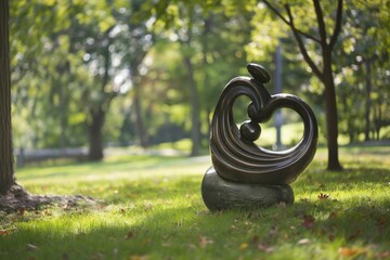 Modern abstract sculpture in a sunny park with lush green trees in the background
