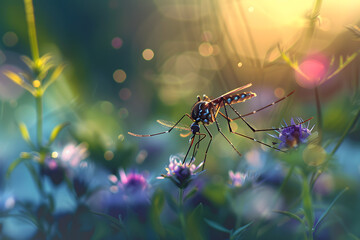 Aedes mosquito flying in a garden.