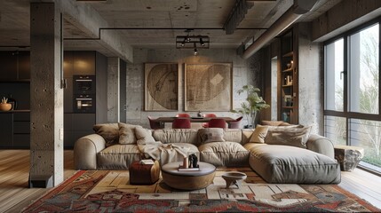 modern rustic decor, create a cozy loft atmosphere by using a neutral color scheme with wood and metal accents, achieving a harmonious look