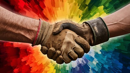 Labor day, A close-up of hands in work gloves shaking hands, symbolizing unity and appreciation for hard