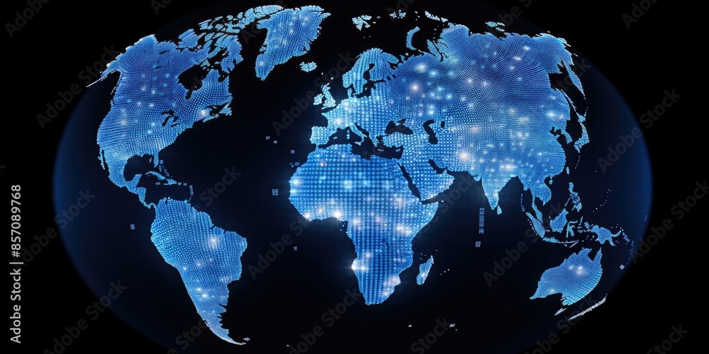 Poster digital world map on a dark background with sparkling light points. aig35.
