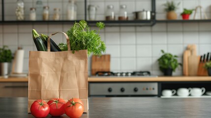 A cardboard bag with vegetables is on the kitchen table.