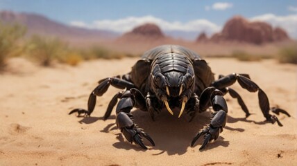 Obraz premium a scorpion crawls through the desert and leaves a mark on the sand