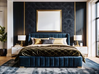 Glamorous Bedroom Empty poster frame above a luxurious bed with velvet bedding and gold accents.