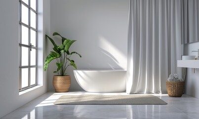 Minimalist bathroom with a blank shower curtain