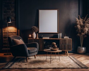  Scandinavian Style Empty poster frame on a light-colored wall with simple furniture and a cozy rug.