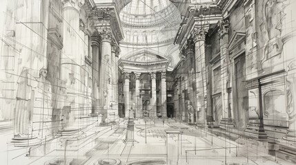 Pencil drawing of architecture, template, AI generated