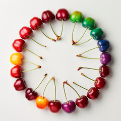 Multicolored, red, yellow, green, blue, violet, orange,  cherries circle frame on white background 
