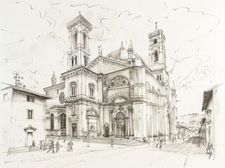 Pencil drawing of architecture, template, AI generated