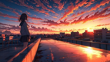 Fototapeta premium Girl on School rooftop watching sunset clouds, scenery landscape Anime style illustration, anime flat art, background, scene