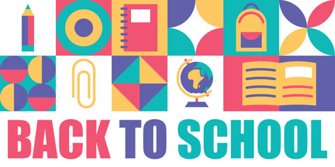 Back to school horizontal banner. Trendy geometric elements on educational poster for school. Simple flat education icons. Creative mosaic school background for posters, cards, sales