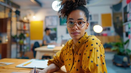 The african american female graphic designer is working inside workspace. AIG43.