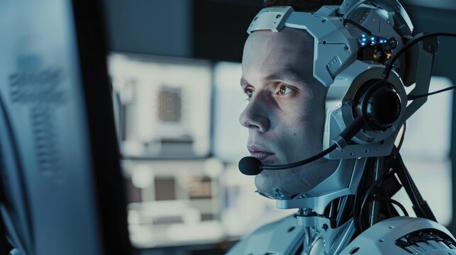 The human face robot working as call center assistant help the customers. AIG43.
