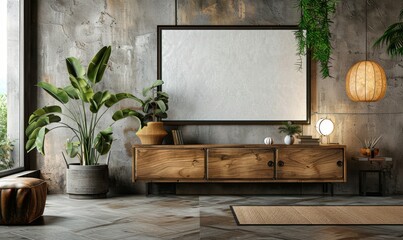 Modern living room with a blank sideboard